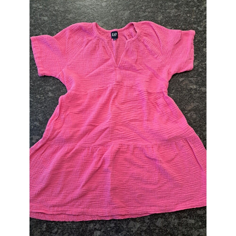 Gap Gauze Crinkle Dress Women's Size L Pink Soft Cotton Relaxed Fit Short Sleeve